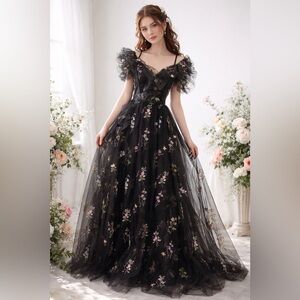 Romantic Black Floral Tulle Maxi Dress